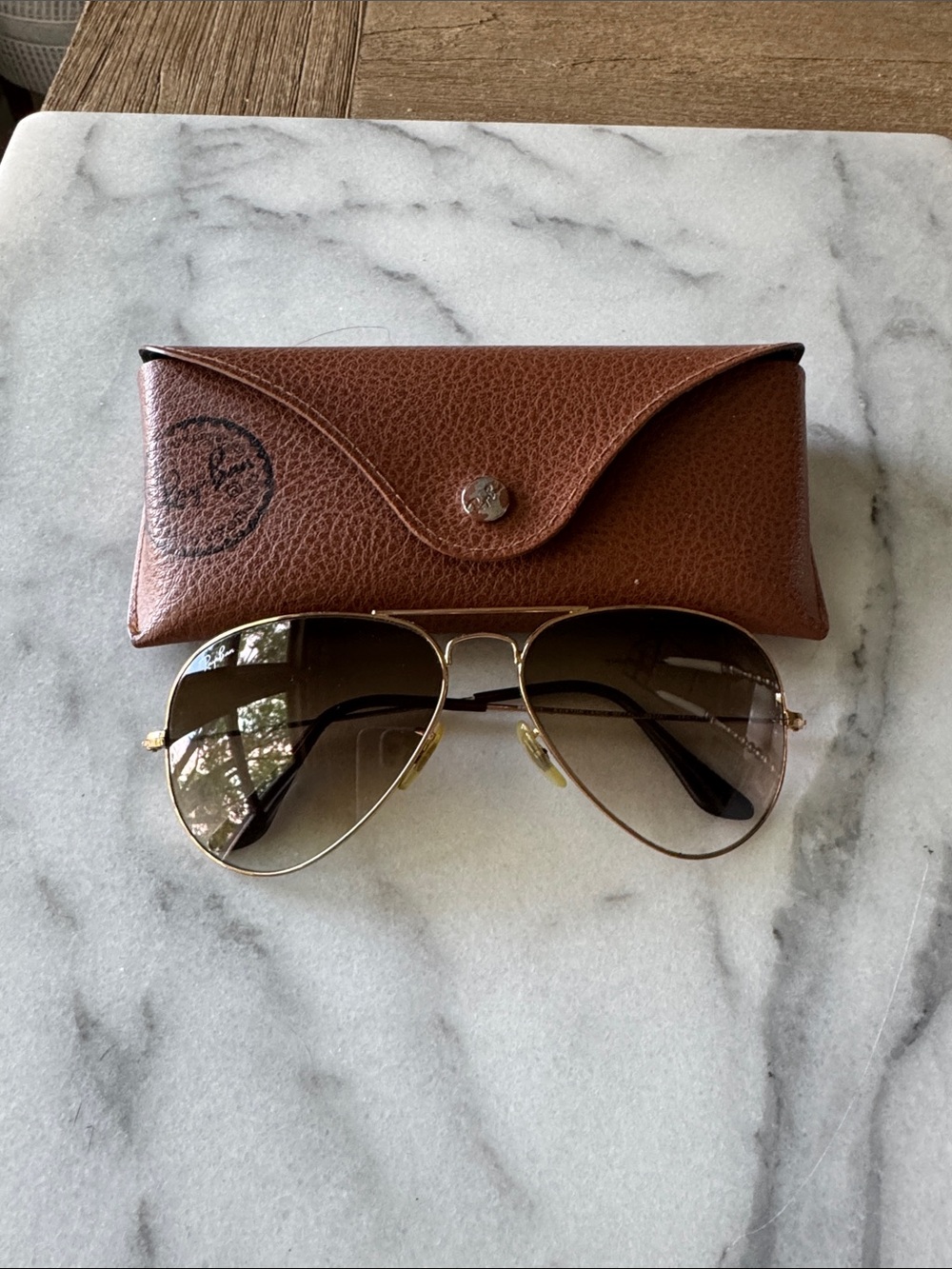 Ray-Ban small Gold Frame Aviator Sunglasses with Brown Lenses and Brown Case